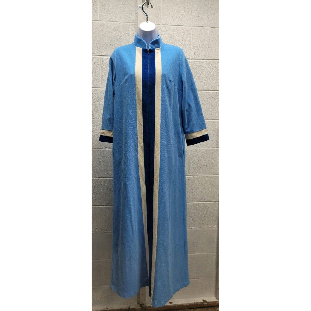 Vanity Fair Velour Long House  Robe  Blue Dark Blue White Sz 10 WITH Pockets
